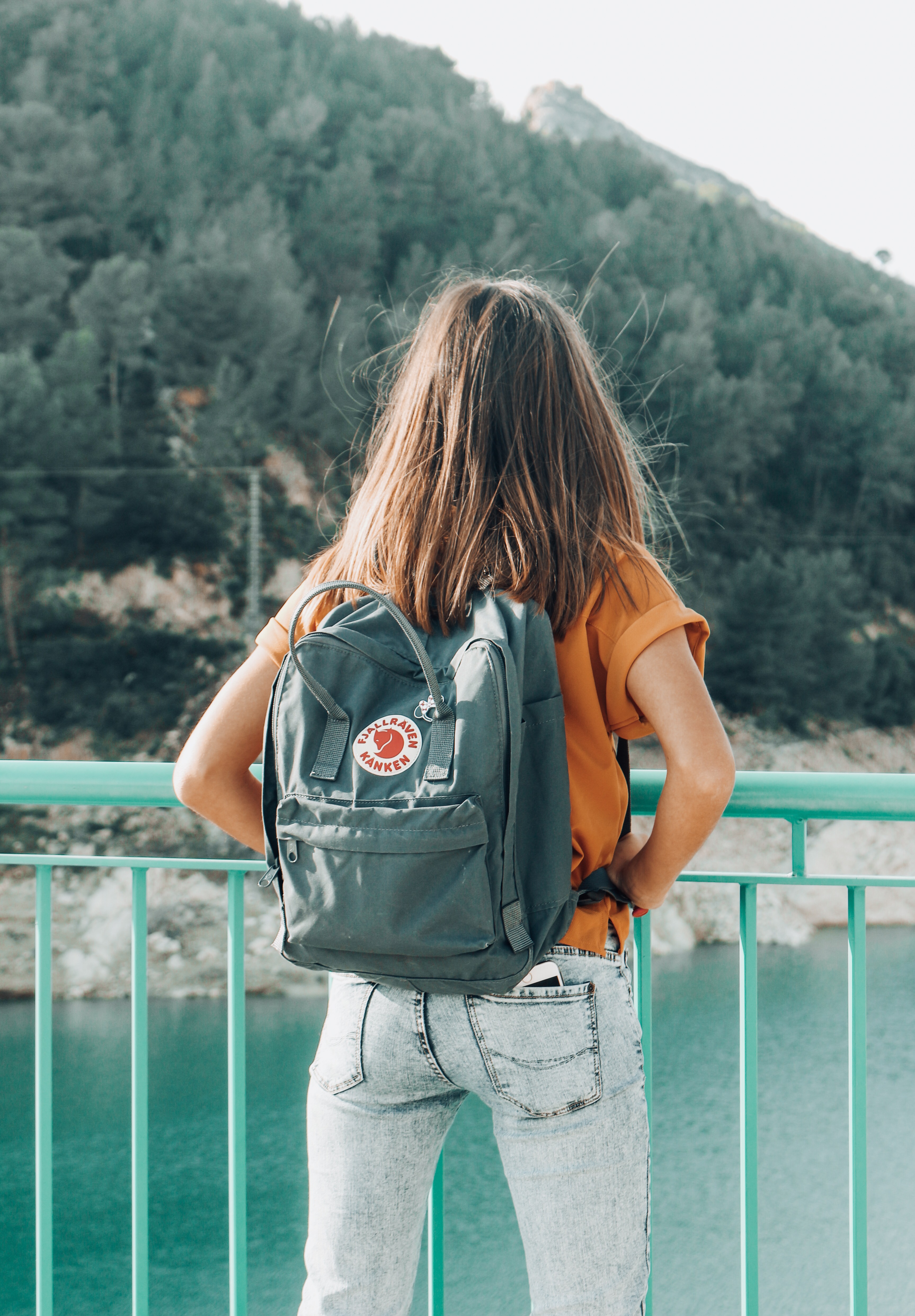 Mountains kanken backpack adventure girl lake 