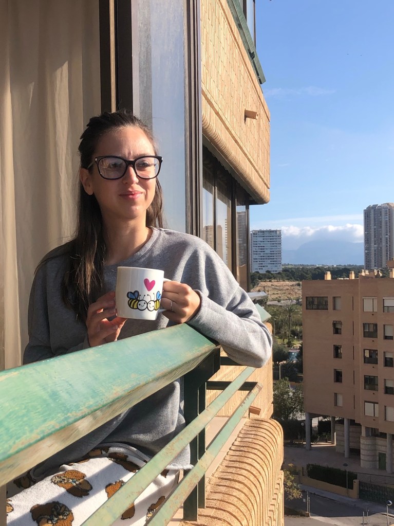 Having cup of tea on balcony in lockdown 