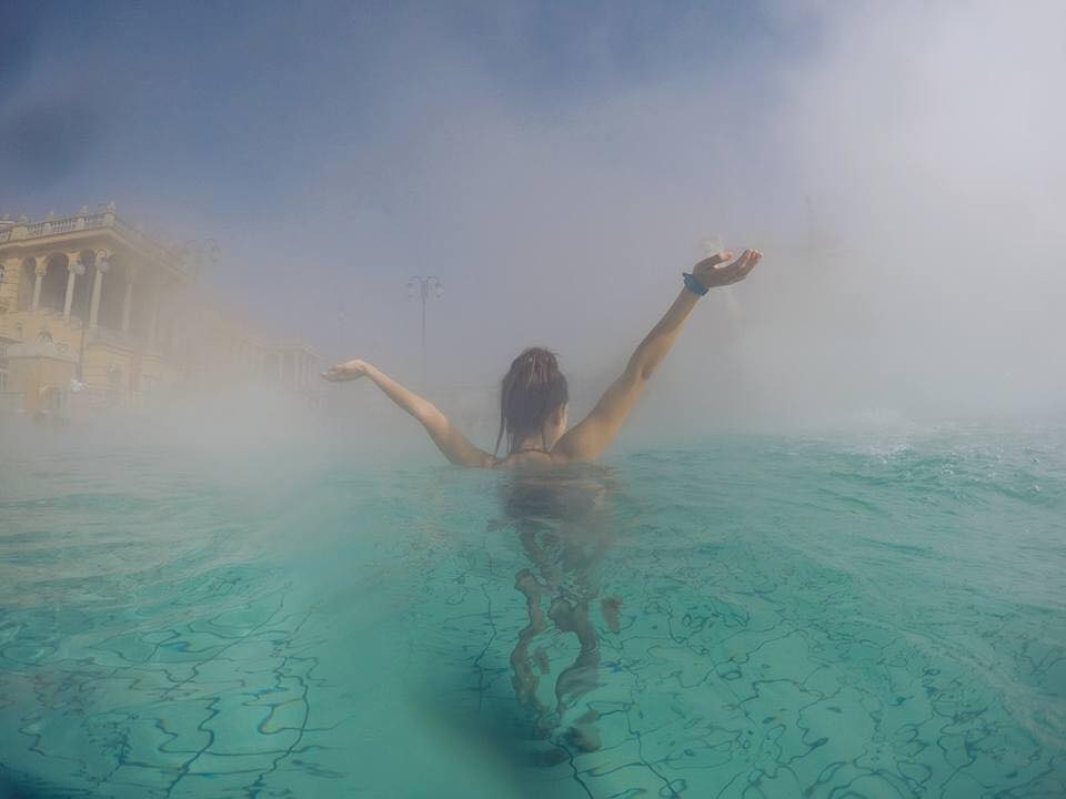 budapest travel guide Szechenyi spa with arms up