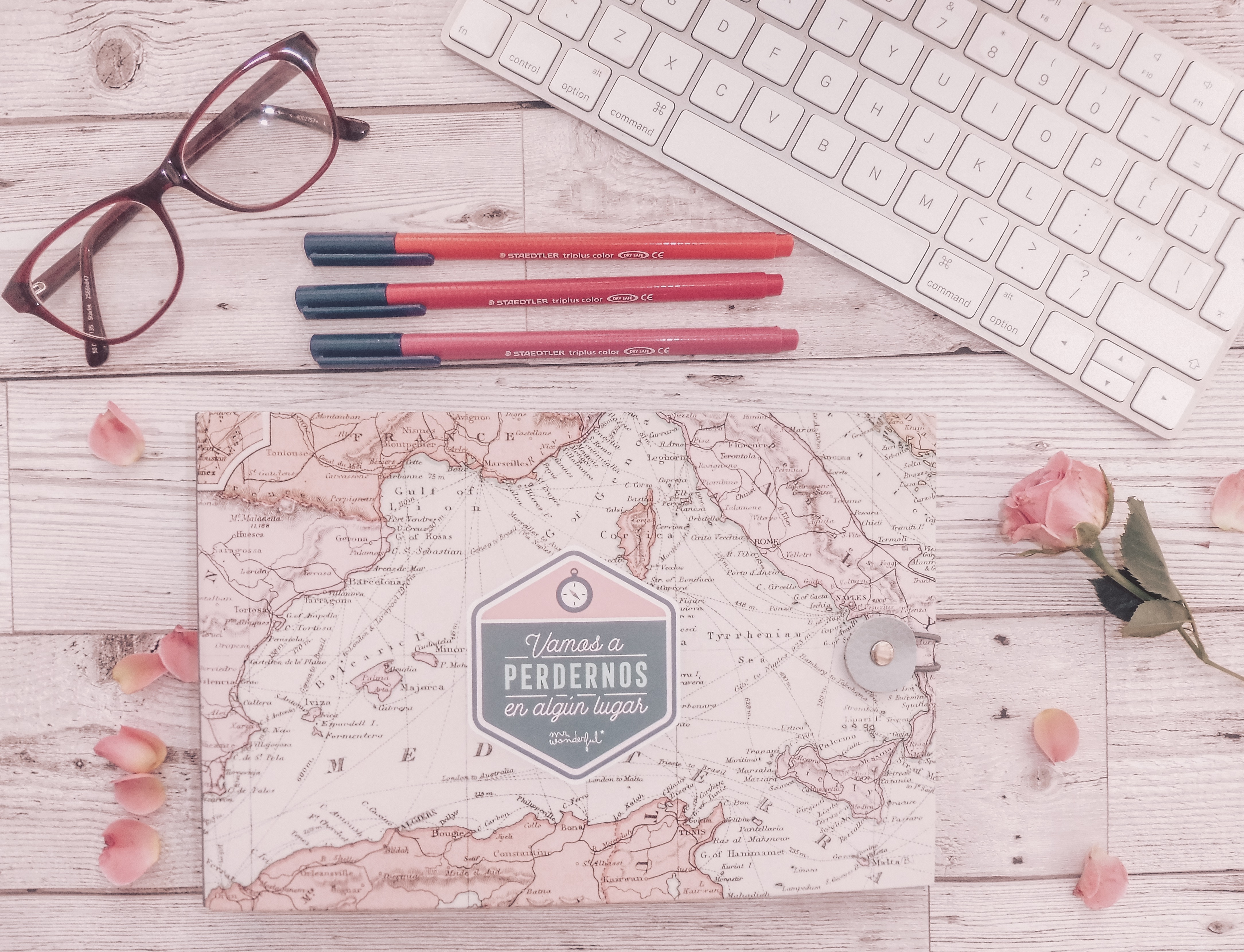 mr wonderful travel album scrapbook and flowers flatlay