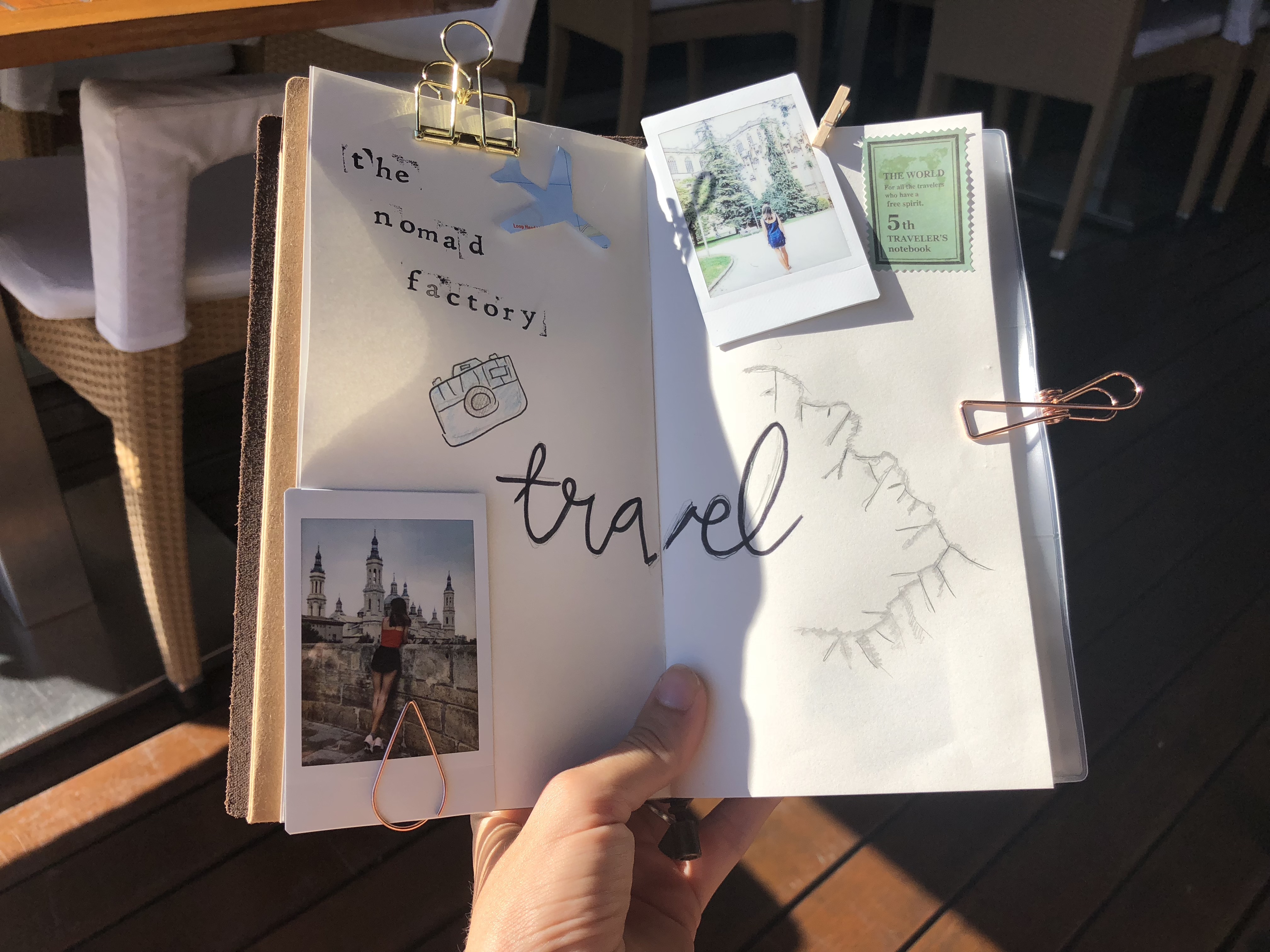 travel bullet journal page with mountains and polaroids nomad factory review the bullet journal
