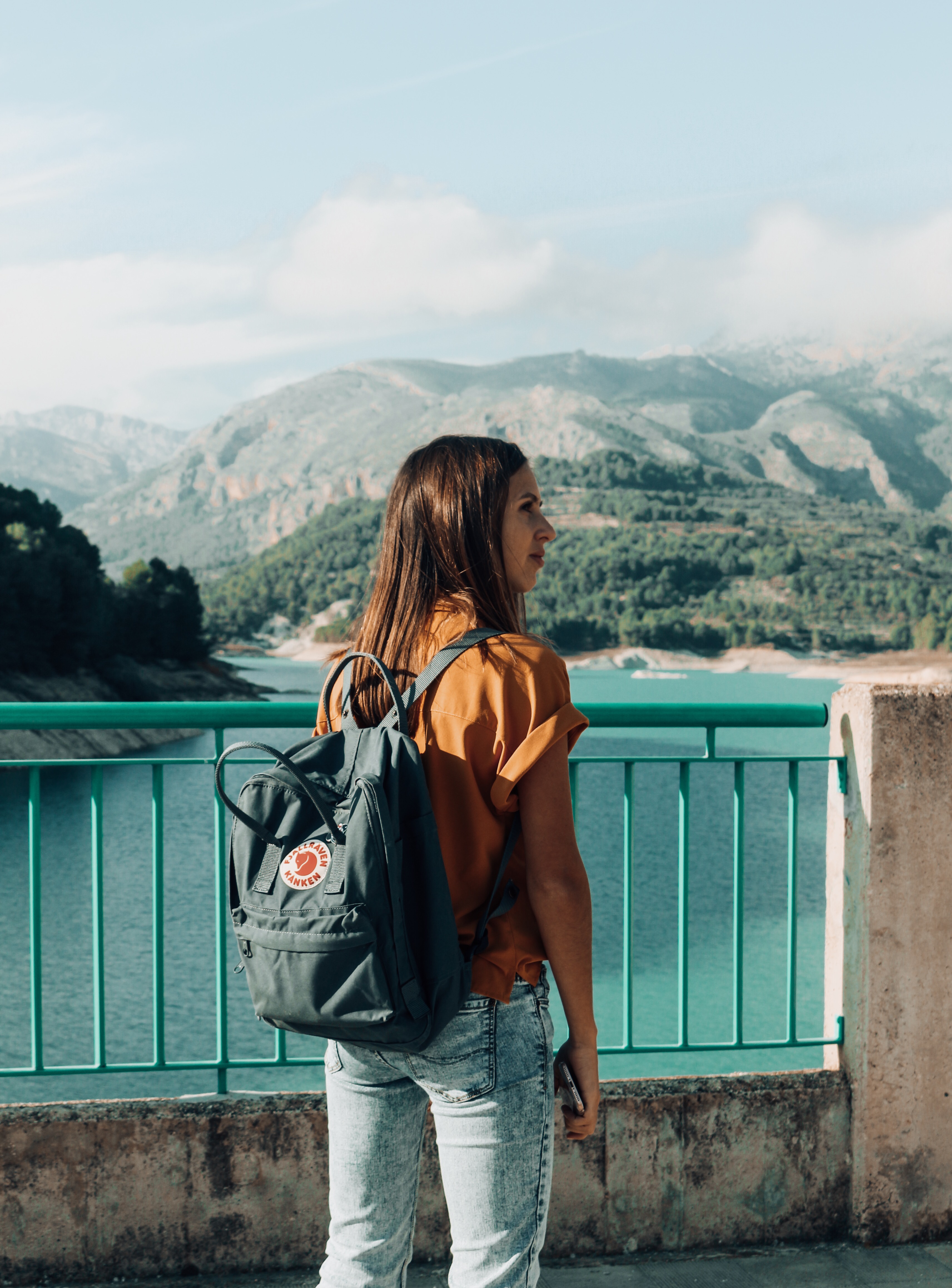 Mountains kanken backpack adventure girl lake 