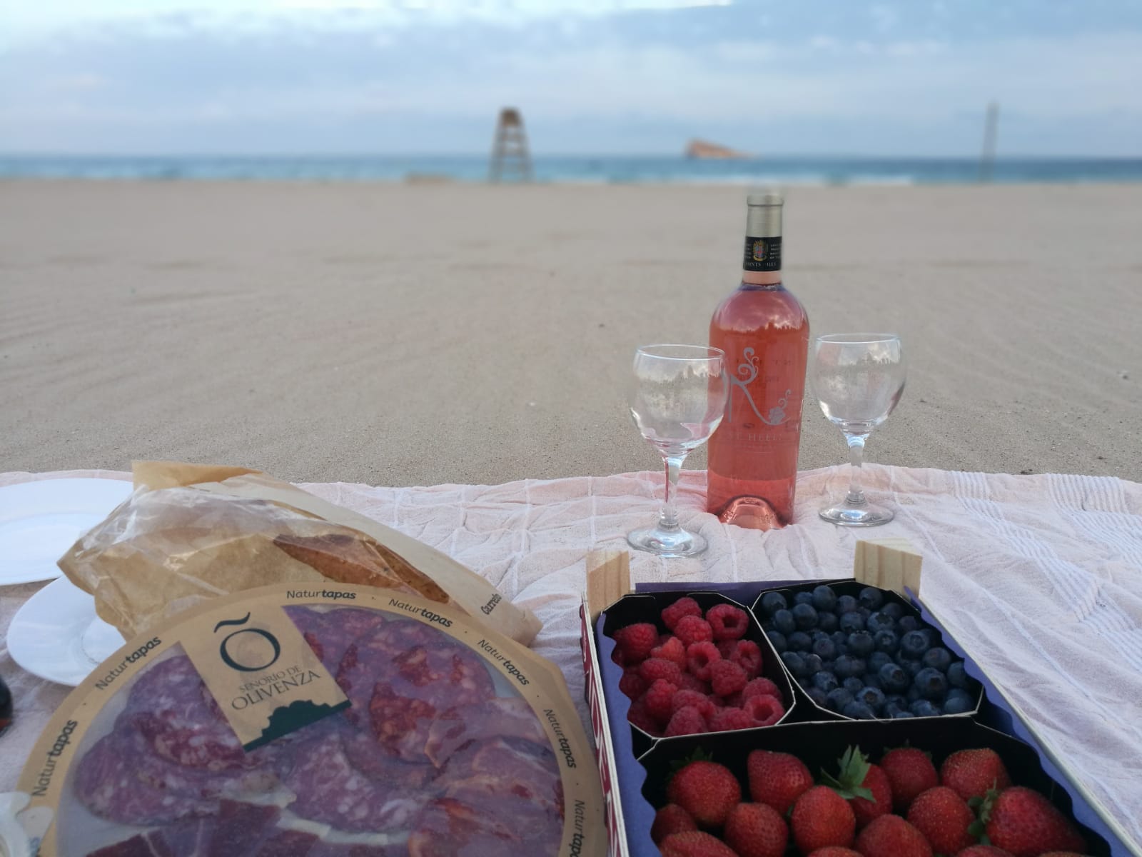 Picnic of Fruit, Ham and Pastry Shells and a bottle of wine
