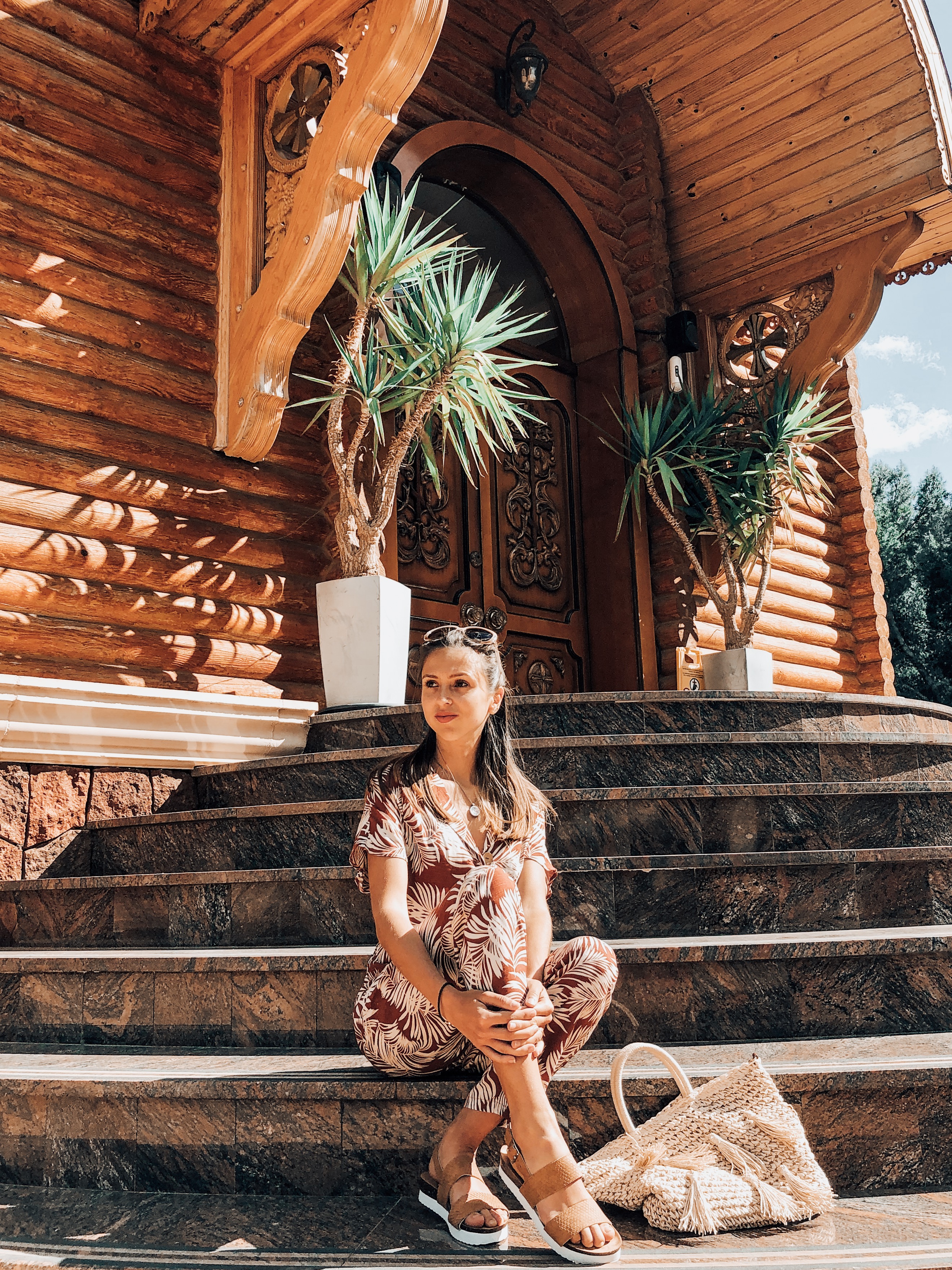 russian church altea, girl, jumpsuit, straw bag