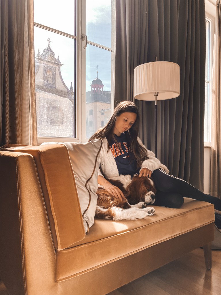 cavalier king charles asleep on the chaise lounge next to mum in hilton cologne 
