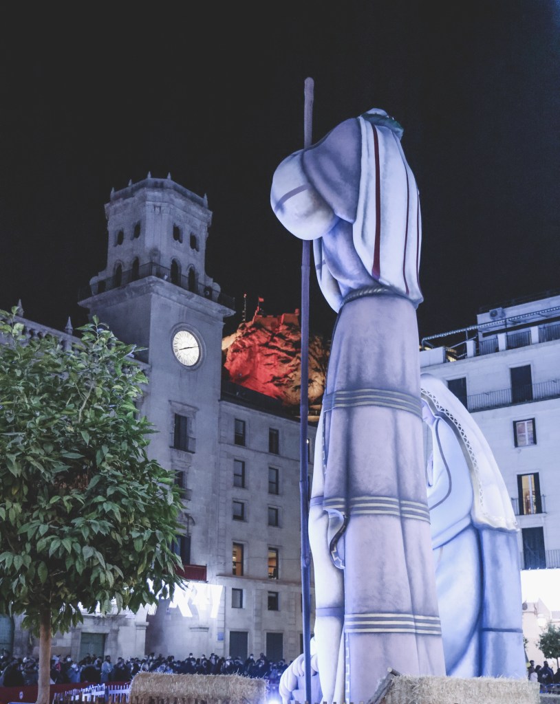 The tallest nativity in the world at Alicante town hall castle behind 